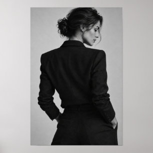 Póster Mujer elegante en traje negro Retrato monocromo Wa