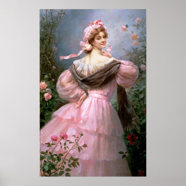 Póster Mujer elegante en un jardín de rosa (Frente)