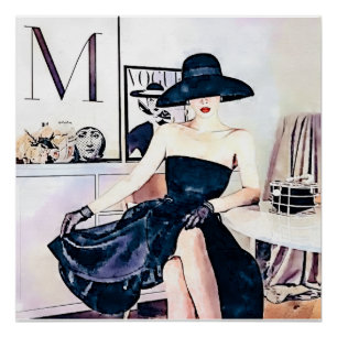 Póster Mujer elegante en vestido negro sin tirantes