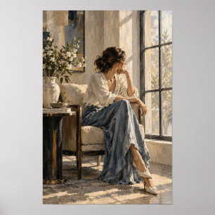 Póster Mujer elegante junto a ventana iluminada por el so