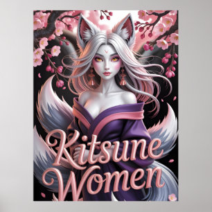 Póster Mujer Elegante Kitsune Blanca con Flores de Sakura