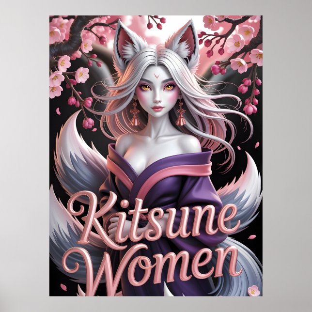 Póster Mujer Elegante Kitsune Blanca con Flores de Sakura (Frente)