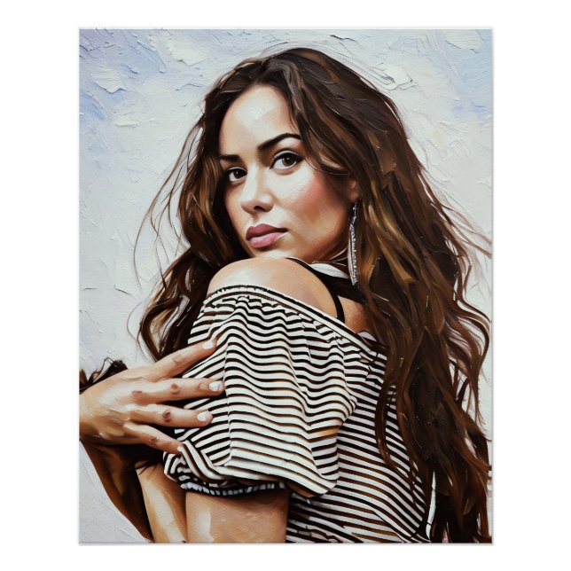 Póster Mujer elegante posando en lo alto a rayas (Anverso)