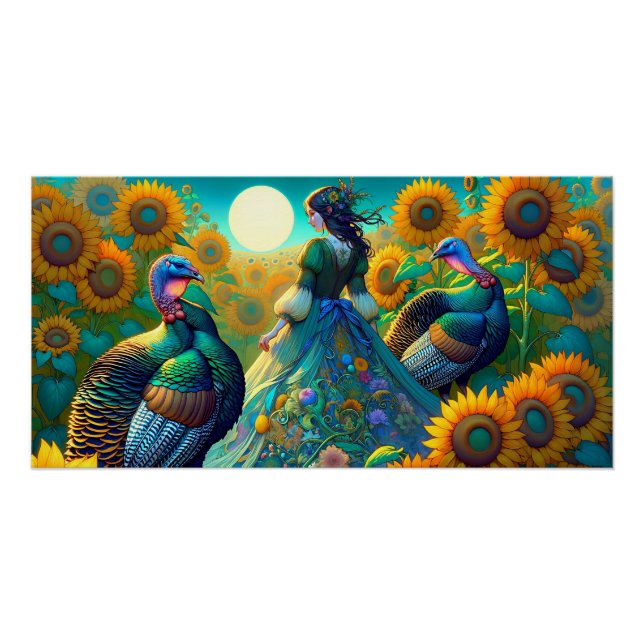 Póster Mujer elegante, Turquía y girasoles (Anverso)