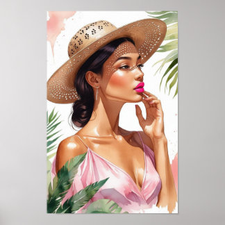 Póster Mujer en acuarela rosa bonita