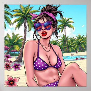 Póster Mujer en Bikini y Bandanna en la playa