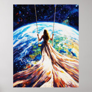 Póster Mujer en columpio sobre la Tierra Pintura al óleo 