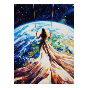 Póster Mujer en Columpio Sobre la Tierra Pintura al Óleo