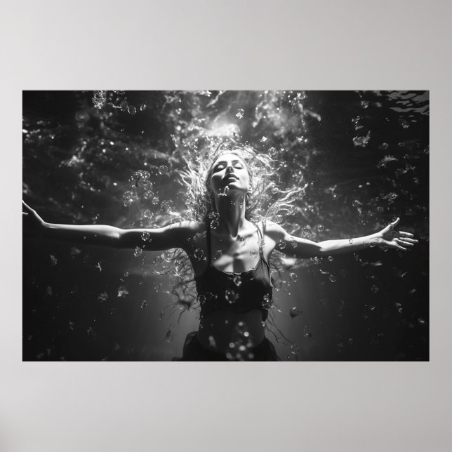 Póster Mujer en danza submarina foto de B&W (Frente)