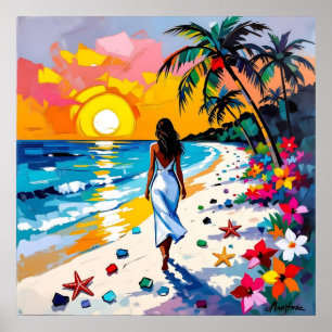 Póster Mujer en escena tropical de playa