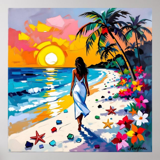 Póster Mujer en escena tropical de playa (Frente)