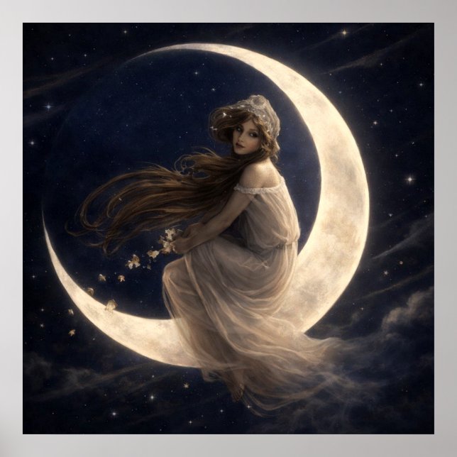 Póster Mujer en luna creciente con flores (Frente)