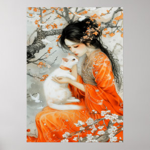 Póster Mujer en Naranja con gato blanco