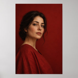 Póster Mujer en retrato rojo contra fondo carmesí W