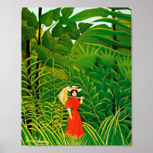 Póster Mujer en rojo en el bosque por Henri Rousseau
