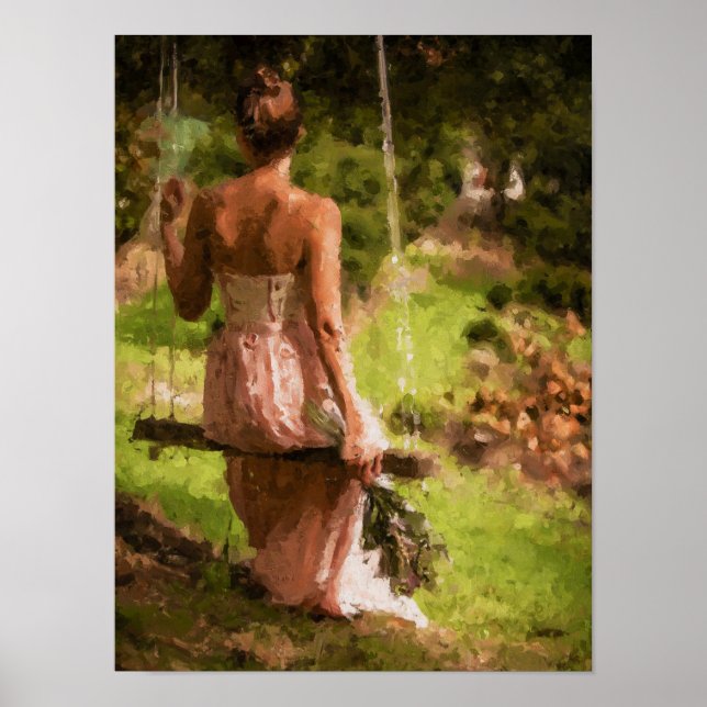 Póster Mujer en un columpio con flores (Frente)