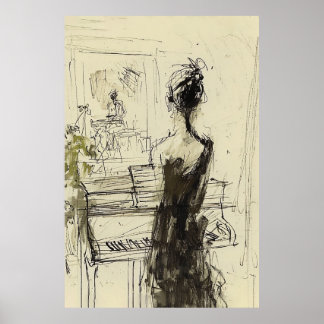 Póster Mujer en un esbozo de piano -