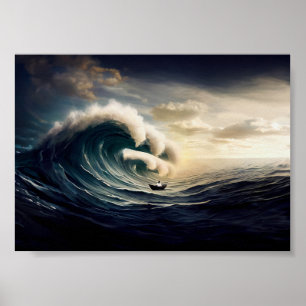 Póster Mujer en un pequeño barco navegando por el océano