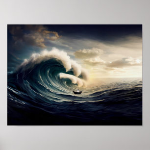 Póster Mujer en un pequeño barco navegando por el océano