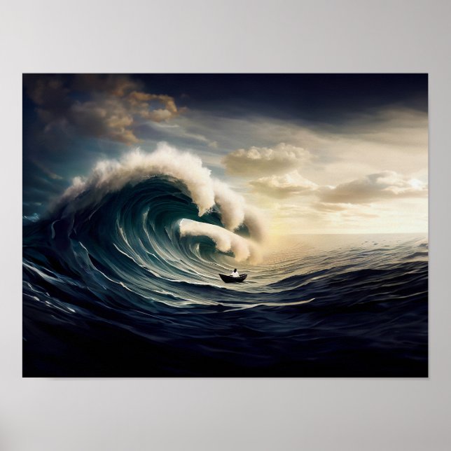 Póster Mujer en un pequeño barco navegando por el océano (Frente)