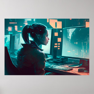 Póster Mujer en una computadora en una ciudad del futuro