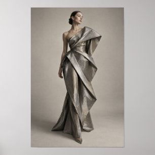 Póster Mujer en vestido metálico plateado escultural moda