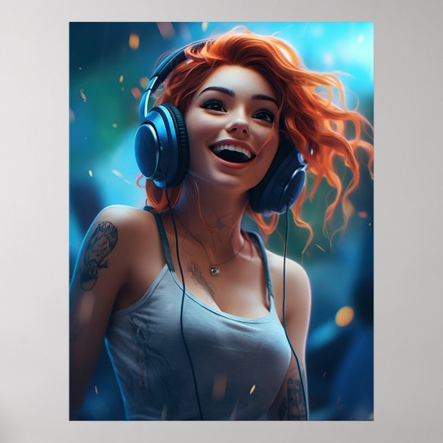 Póster Mujer escuchando música con auriculares (Frente)