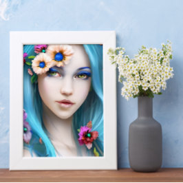 Póster Mujer etérea con flores en el pelo azul