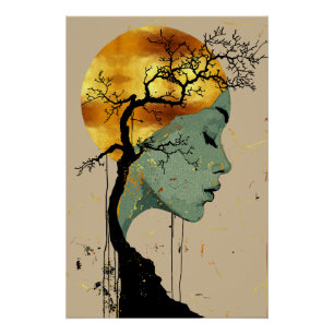 Póster Mujer etérea en luna de silueta de árbol