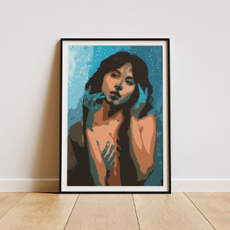 Póster Mujer expresiva en pintura de tonos azules