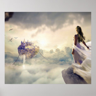 Póster Mujer fantastica y castillo de la isla en las nube