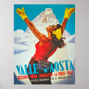 Póster Mujer feliz en el Valle de Aosta, Italia. Viaje de
