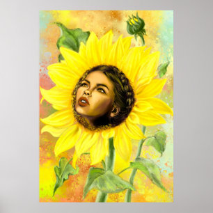 Póster Mujer girasol amarillo Poster