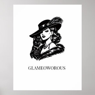 Póster Mujer Glamurosa con Ilustración de Moda de Gato