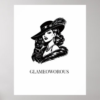Póster Mujer Glamurosa con Ilustración de Moda de Gato