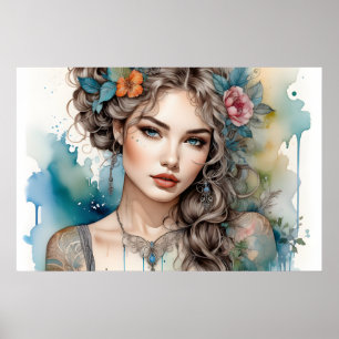 Póster Mujer Glamurosa de Cabello Plateado y Ojos Ahumado