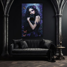 Póster Mujer gótica con gato negro