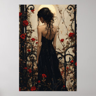 Póster Mujer gótica con vestido negro entre rosas rojas