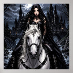 Póster Mujer gótica hermosa en caballo blanco