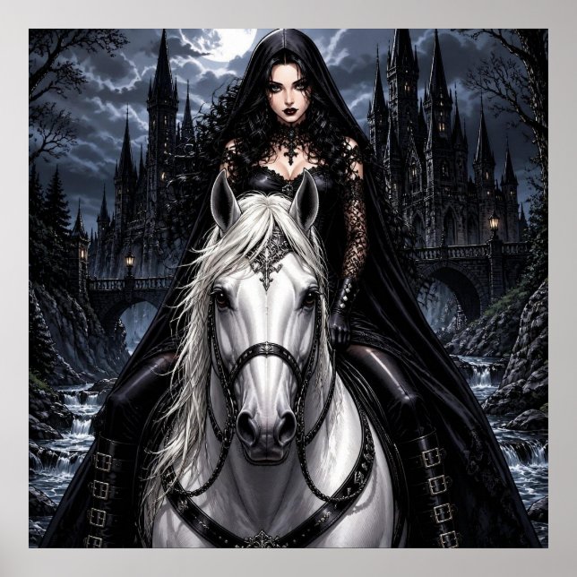 Póster Mujer gótica hermosa en caballo blanco (Frente)