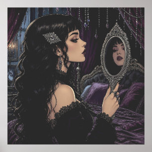 Póster Mujer gótica hermosa mirando en espejo antiguo