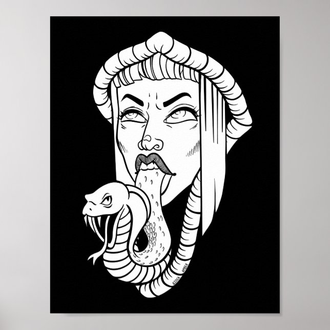 Póster Mujer gótica Ilustracion de lengua negra blanca y  (Frente)