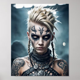 Póster Mujer guerrera vikinga con tatuaje de runa y signo