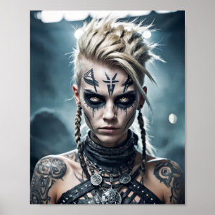 Póster Mujer guerrera vikinga con tatuaje de runa y signo