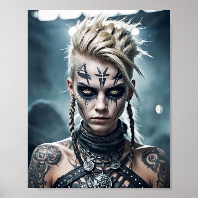 Póster Mujer guerrera vikinga con tatuaje de runa y signo (Frente)