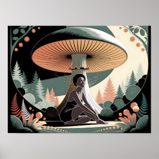 Póster Mujer Hada Negra Bajo Setas Gigantes Cottagecore