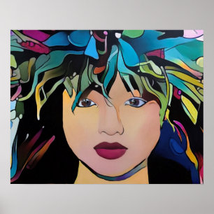 Póster Mujer hawaiana con vestido de cabeza floral Imprim