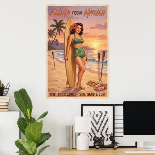 Póster Mujer Hawaiana de Estilo Retro Pin Up