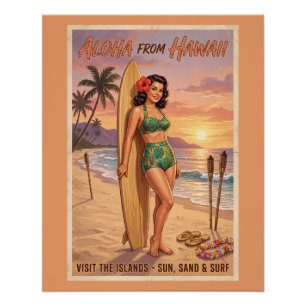 Póster Mujer Hawaiana de Estilo Retro Pin Up