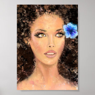 Póster Mujer Hermosa con Flor Azul - Pintura Original